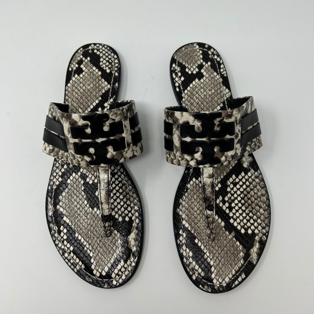 EUC Tory Burch Leigh Black/Gray Snakeskin Double T Thong Sandals Size 9 Preppy!
